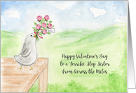 Valentine Across Miles for Step Sister Cute Bird Delivering Roses card