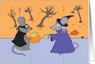 Humorous Cartoon of Mouse Trick or Treating Halloween card