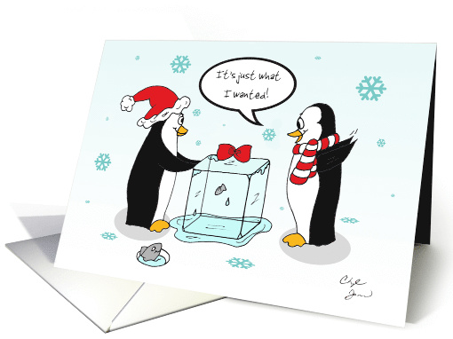 Penguin Getting Block of Ice for Christmas, Comical Cartoon card