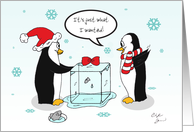 Penguin Getting Block of Ice for Christmas, Comical Cartoon card
