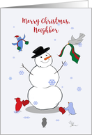 Merry Christmas, Neighbor, Birds Bringing Happy Snowman Accessories card