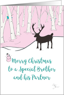 Merry Christmas Brother and Partner Whimsical Reindeer Pink Forest card