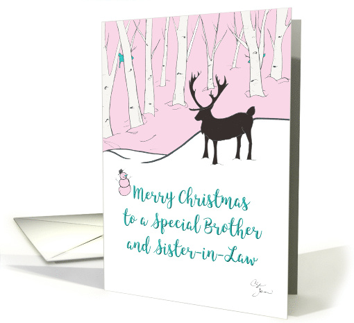 Merry Christmas Brother and Wife Whimsical Reindeer Pink Forest card