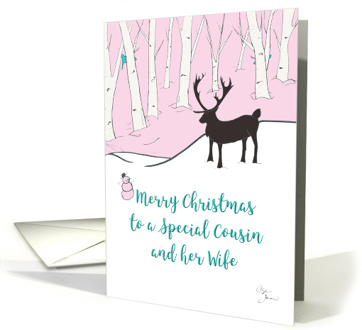 Lesbian Christmas Cousin and Wife Whimsical Reindeer Pink Forest card