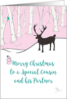 Merry Christmas Cousin and His Partner Whimsical Reindeer Pink Forest card