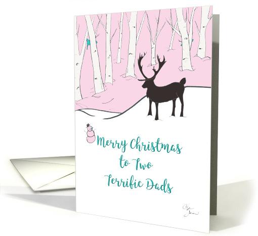 Gay Christmas Two Terrrific Dads Whimsical Reindeer Pink Forest card