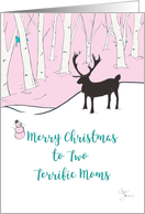 Lesbian Christmas Two Terrrific Moms Whimsical Reindeer Pink Forest card