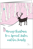 Merry Christmas Sister and Family Whimsical Reindeer Pink Forest card