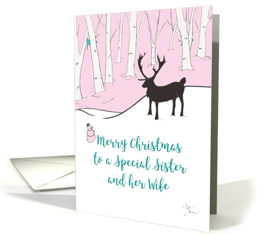 Lesbian Christmas Sister and Wife Whimsical Reindeer Pink Forest card