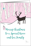 Merry Christmas Niece and Family Whimsical Reindeer Pink Forest card