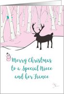 Merry Christmas Niece and Fiance Whimsical Reindeer Pink Forest card