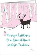 Merry Christmas Niece and Partner Whimsical Reindeer Pink Forest card