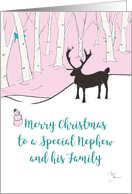 Merry Christmas Nephew and Family Whimsical Reindeer Pink Forest card