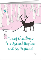 Gay Christmas Nephew and Husband Whimsical Reindeer Pink Forest card