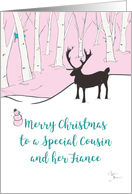Merry Christmas Cousin and Fiance Whimsical Reindeer Pink Forest card