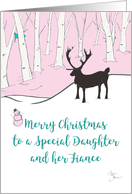 Merry Christmas Daughter and Fiance Whimsical Reindeer Pink Forest card