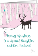 Merry Christmas Daughter and Husband Whimsical Reindeer Pink Forest card