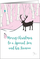 Merry Christmas Son and Fiancee Whimsical Reindeer Pink Forest card