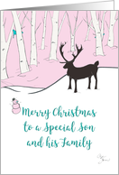 Merry Christmas Son and Family Whimsical Reindeer Pink Forest card