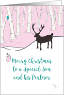 Merry Christmas Son and Partner Whimsical Reindeer Pink Forest card