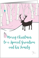 Merry Christmas Grandson and Family Whimsical Reindeer Pink Forest card