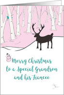 Merry Christmas Grandson and Fiancee Whimsical Reindeer Pink Forest card