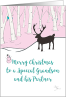 Merry Christmas Grandson and Partner Whimsical Reindeer Pink Forest card