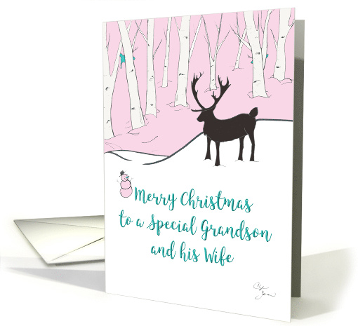 Merry Christmas Grandson and Wife Whimsical Reindeer Pink Forest card