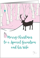 Merry Christmas Grandson and Wife Whimsical Reindeer Pink Forest card