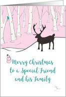 Merry Christmas Friend and His Family Whimsical Reindeer Pink Forest card