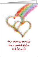 Lesbian Sister and Wife Anniversary Wish Colorful Rainbow and Hearts card