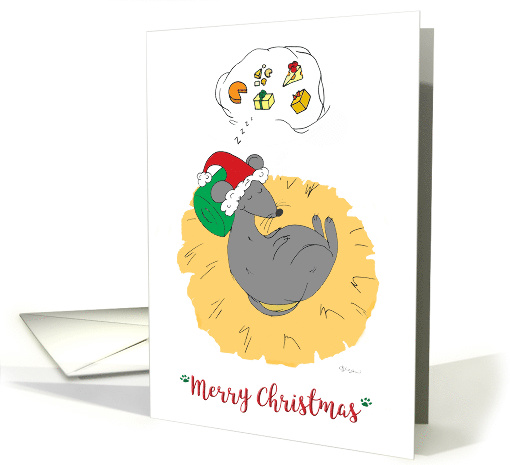 Humorous Cartoon Mouse Dreaming of Getting Cheese for Christmas card
