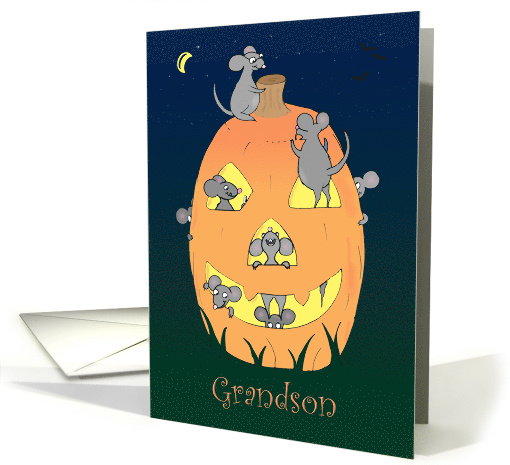 Happy Halloween, Grandson, Cute Cartoon Mice Carving Pumpkin card