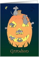 Happy Halloween, Grandson, Cute Cartoon Mice Carving Pumpkin card