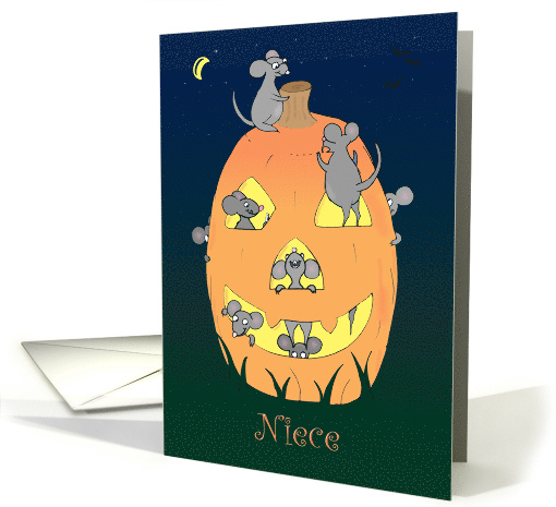 Happy Halloween, Niece, Cute Cartoon Mice Carving Pumpkin card