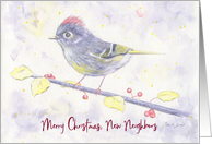 Merry Christmas New Neighbors Whimsical Purple Watercolor Bird Holly card