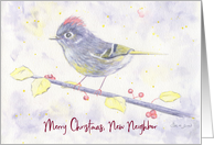 Merry Christmas New Neighbor Whimsical Purple Watercolor Bird Holly card