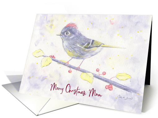 Merry Christmas Mom Whimsical Purple Watercolor Bird with Holly card