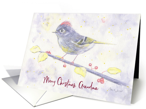 Merry Christmas Grandma Whimsical Purple Watercolor Bird Holly card