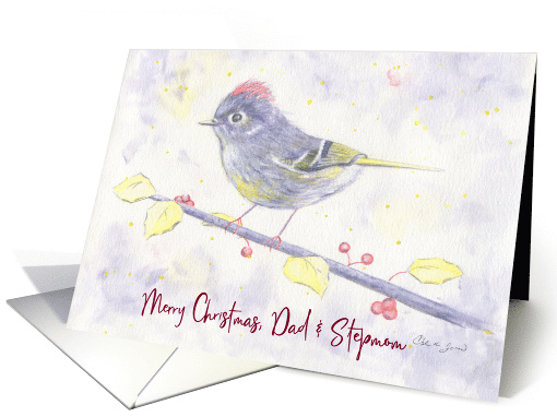 Merry Christmas Dad and Step Mom Whimsical Purple Watercolor Bird card