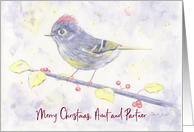 Merry Christmas Aunt and Partner Whimsical Purple Watercolor Bird card