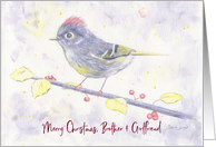 Merry Christmas Brother and Girlfriend Whimsical Watercolor Bird Holly card