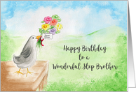 Happy Birthday, Wonderful Step Brother, Bird with Flowers card