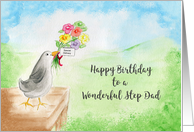 Happy Birthday Wonderful Step Dad, Bird with Bouquet of Flowers card