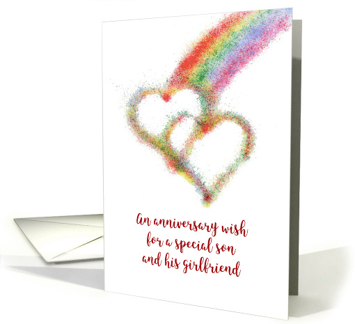 Son and Girlfriend Anniversary Wish Colorful Rainbow and Hearts card