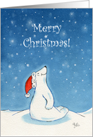 Merry Christmas, Smiling Cartoon Polar Bear in Falling Snow card