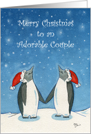 Merry Christmas Adorable Couple, Cartoon Penguins in Falling Snow card