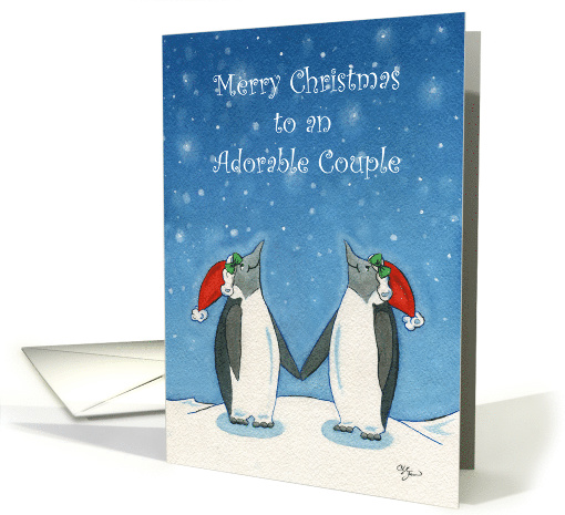 Merry Christmas Adorable Couple, Lesbian Cartoon Penguins, Snow card