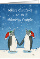 Merry Christmas Adorable Couple, Lesbian Cartoon Penguins, Snow card