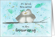 Happy Anniversary Mom and Dad Cute Cartoon Lovebirds on Limb card